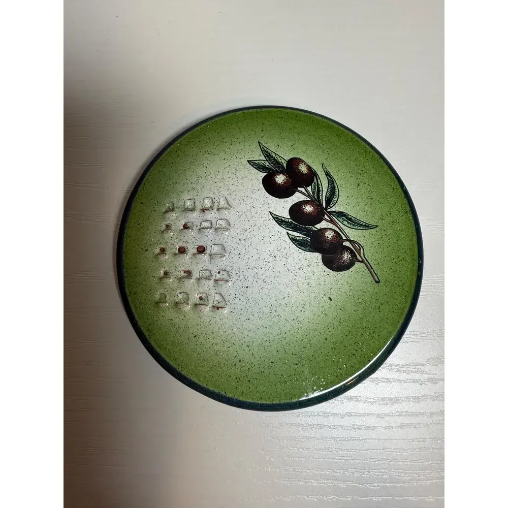 Vintage Green Ceramic Garlic Grater Olive Oil Dipping Plate Retro Kitchen